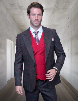 3pc Plaid Suit With Solid Color Contrast Double Breasted Vest. Super 150\'s Italian Wool Fabric. Modern Fit Flat Front Panst| OXFORD| Charcoal