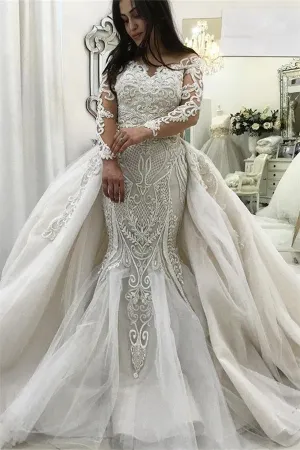 Amazing Long Sleeves Lace Mermaid Bridal Gowns Detachable Train New Arrival Ruffless Bridal Gowns