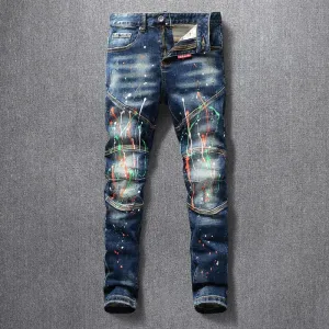 American Streetwear Designer Painted Slim Fit Jeans