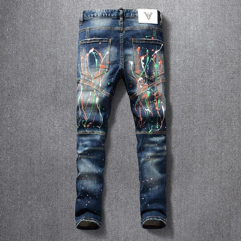 American Streetwear Designer Painted Slim Fit Jeans