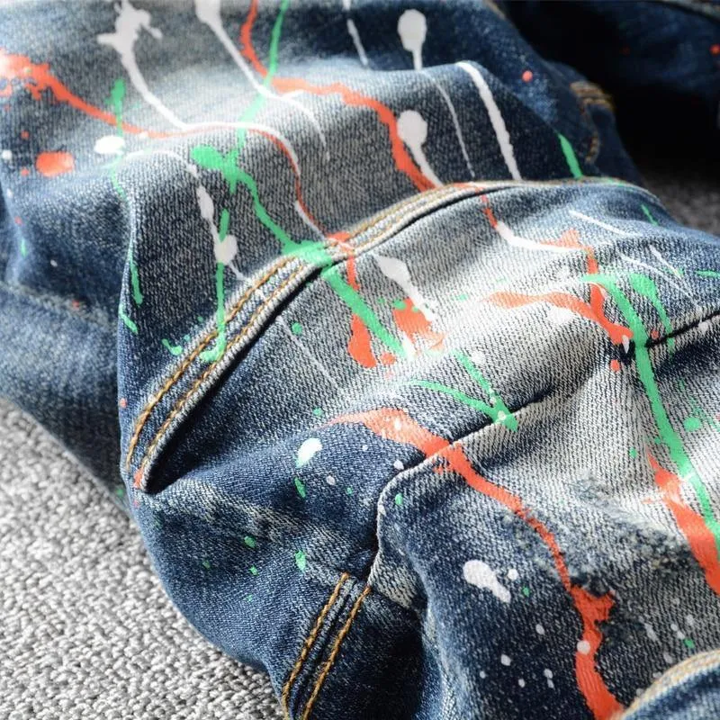 American Streetwear Designer Painted Slim Fit Jeans