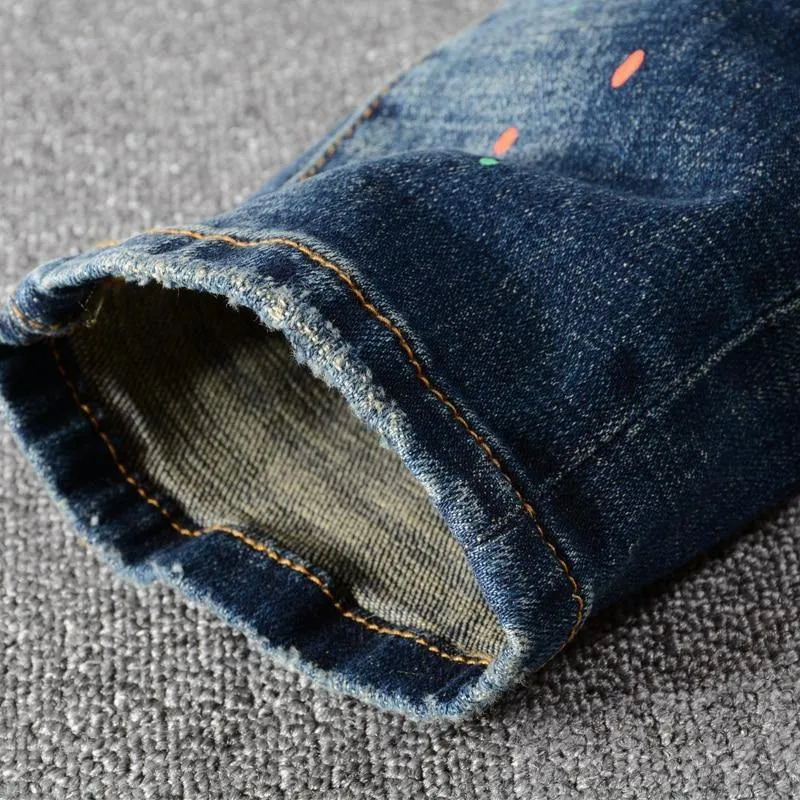American Streetwear Designer Painted Slim Fit Jeans
