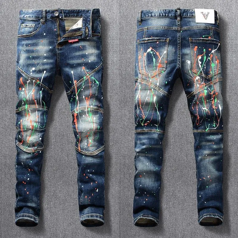 American Streetwear Designer Painted Slim Fit Jeans