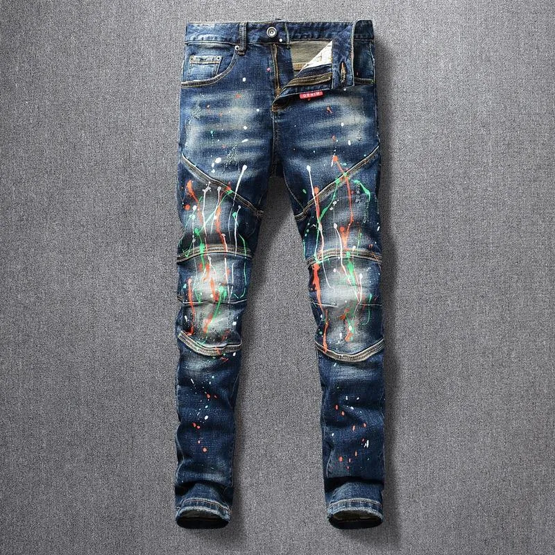 American Streetwear Designer Painted Slim Fit Jeans