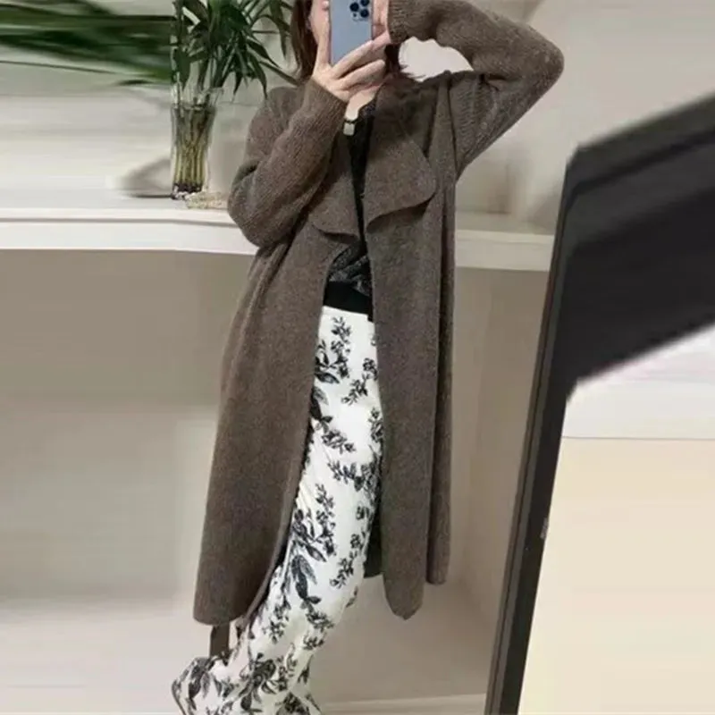 Autumn and Winter New Long Knee Tie Up Knitted Cardigan Women's Loose and Lazy Style Sweater Coat