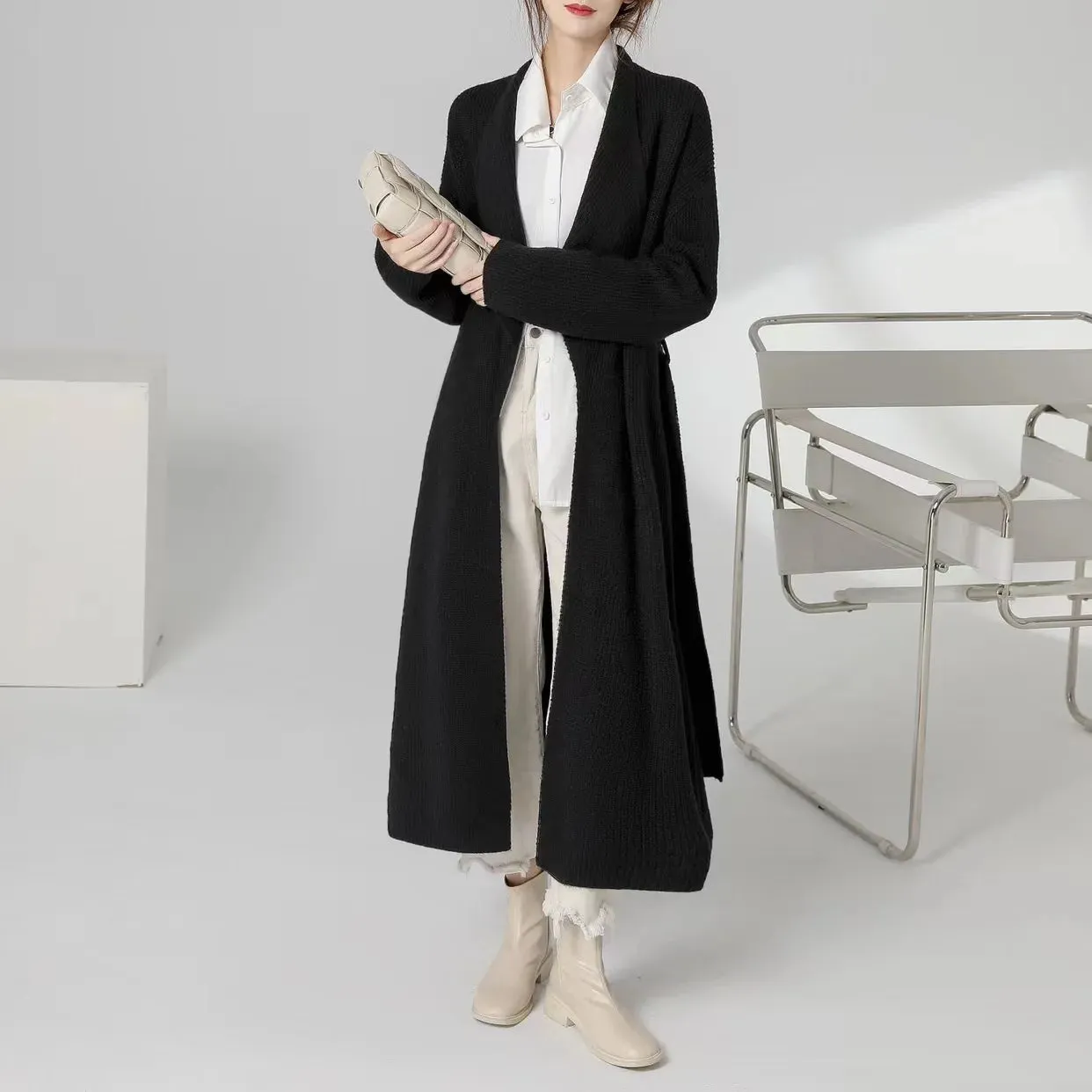 Autumn and Winter New Long Knee Tie Up Knitted Cardigan Women's Loose and Lazy Style Sweater Coat
