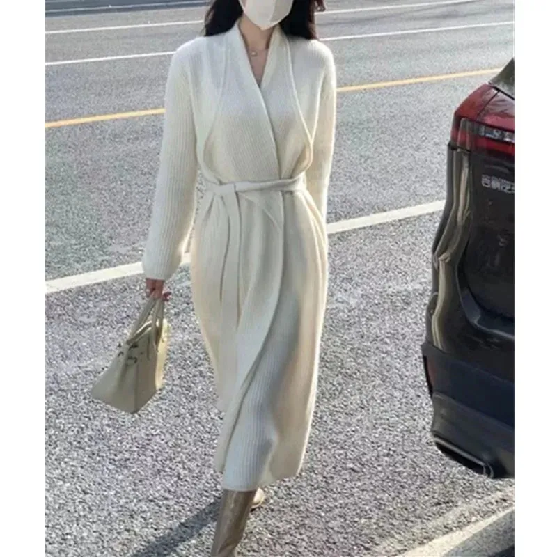 Autumn and Winter New Long Knee Tie Up Knitted Cardigan Women's Loose and Lazy Style Sweater Coat