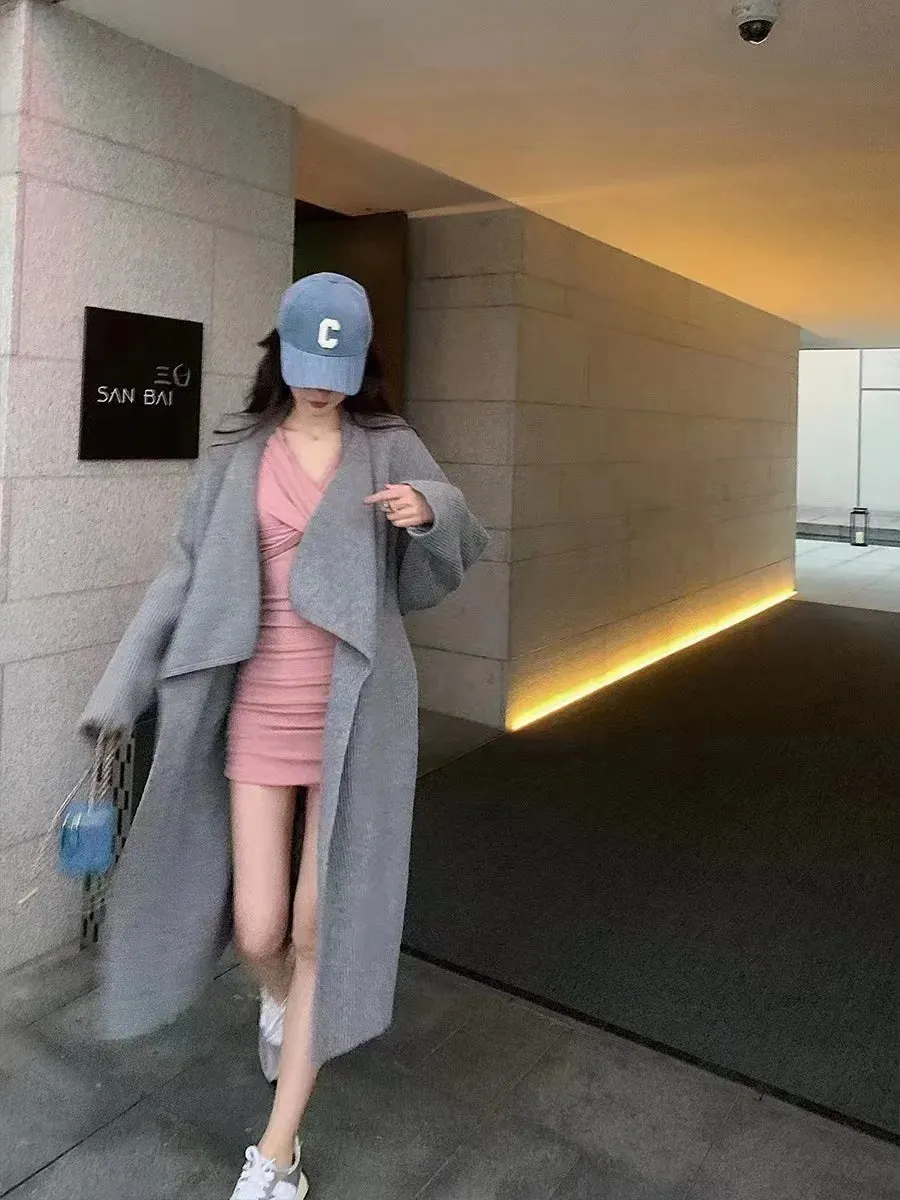 Autumn and Winter New Long Knee Tie Up Knitted Cardigan Women's Loose and Lazy Style Sweater Coat