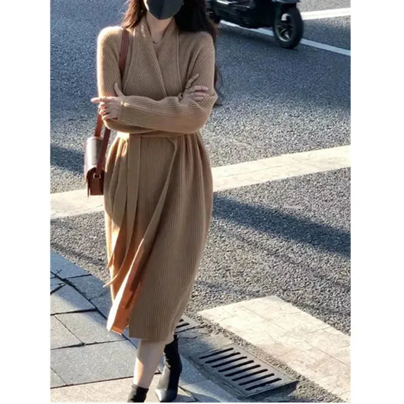 Autumn and Winter New Long Knee Tie Up Knitted Cardigan Women's Loose and Lazy Style Sweater Coat