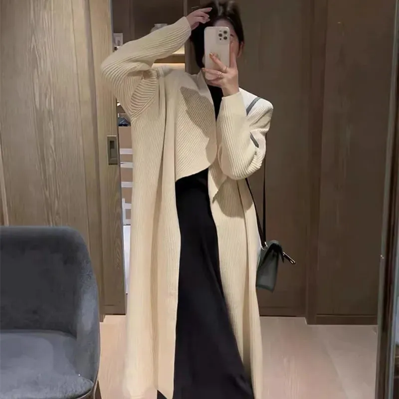 Autumn and Winter New Long Knee Tie Up Knitted Cardigan Women's Loose and Lazy Style Sweater Coat