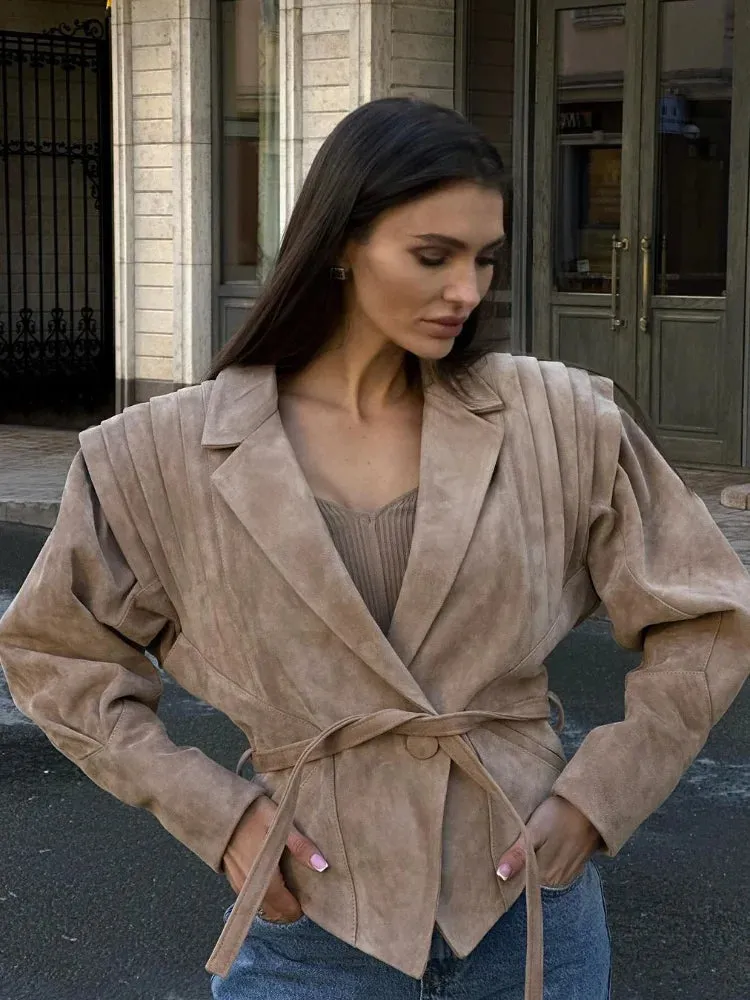 Autumn Warm Waistband Irregular Hem Lapel Jacket Button Pleated Long Sleeved Women's Coats 2024 New Ladies Commute Streetwear