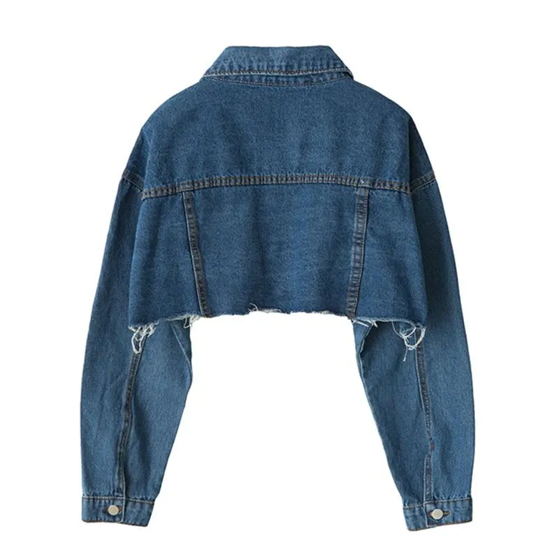 Autumn Women Denim Jacket Long Sleeve Fashion Streetwear Casual Loose Outwear Short Ripped Jeans Jacket Coat