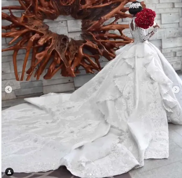Ball Gown High neck Luxurious Train Long Sleevess Sparkle Applique Satin Wedding Dresses