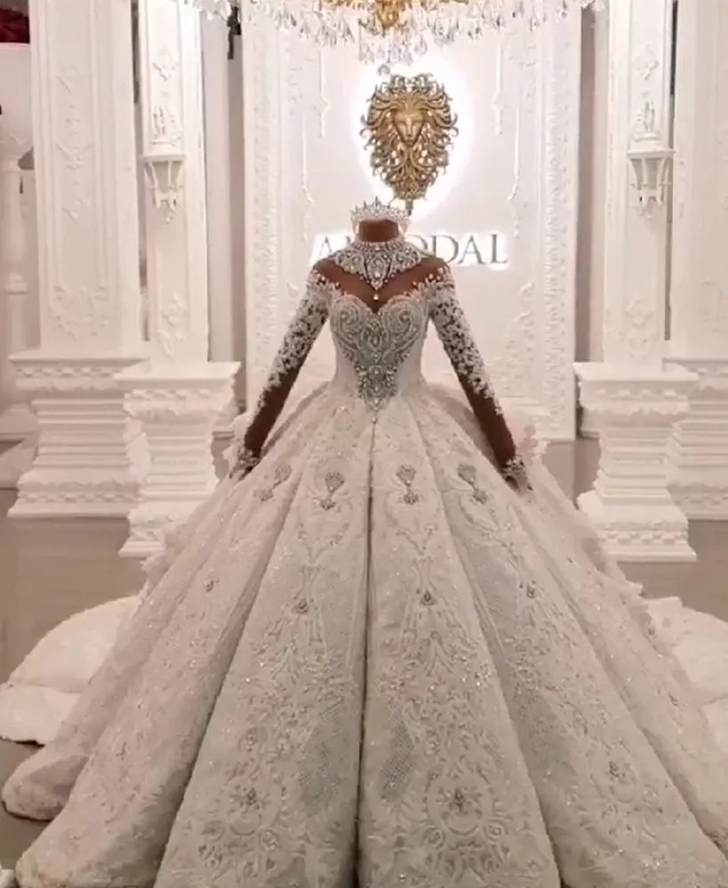 Ball Gown High neck Luxurious Train Long Sleevess Sparkle Applique Satin Wedding Dresses