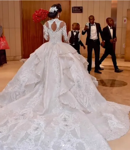Ball Gown High neck Luxurious Train Long Sleevess Sparkle Applique Satin Wedding Dresses
