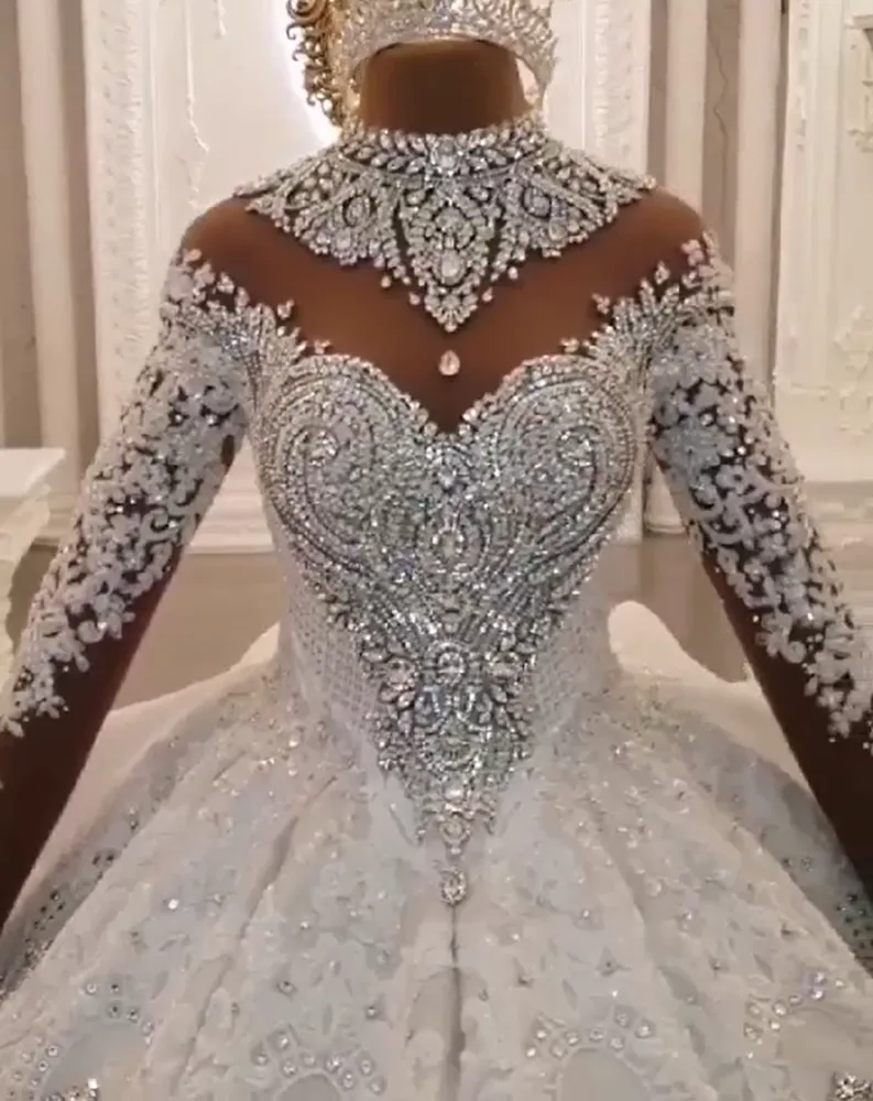 Ball Gown High neck Luxurious Train Long Sleevess Sparkle Applique Satin Wedding Dresses