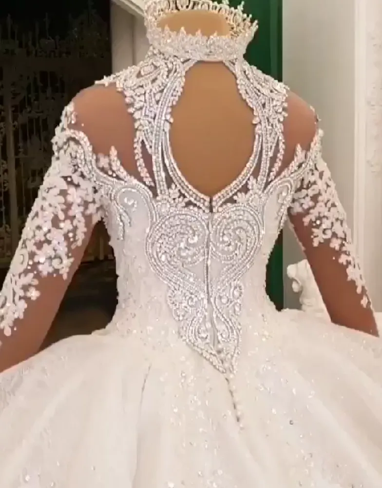 Ball Gown High neck Luxurious Train Long Sleevess Sparkle Applique Satin Wedding Dresses