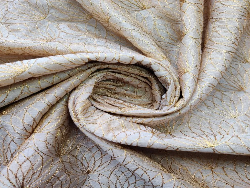 Beige Golden Floral Embroidered Chanderi Fabric