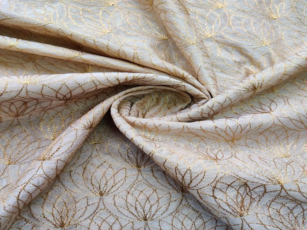 Beige Golden Floral Embroidered Chanderi Fabric