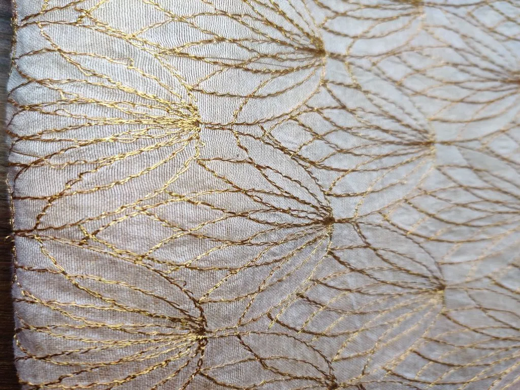 Beige Golden Floral Embroidered Chanderi Fabric