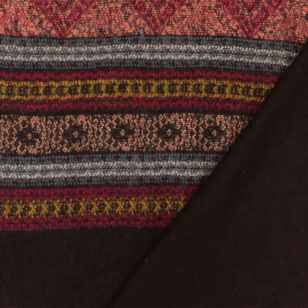 Black-Red-Multi Tribal Border Brushed Jacquard Woven Fabric