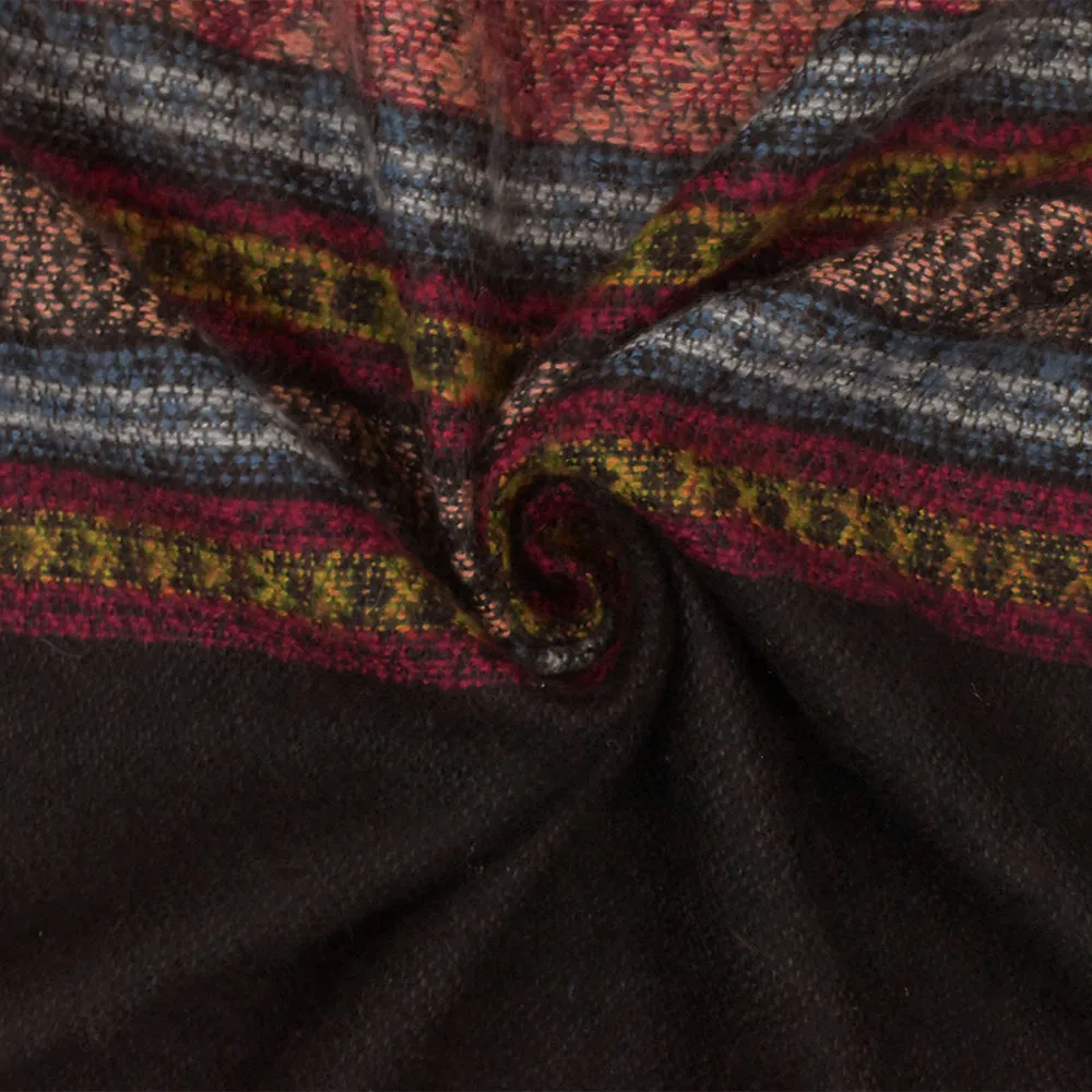Black-Red-Multi Tribal Border Brushed Jacquard Woven Fabric