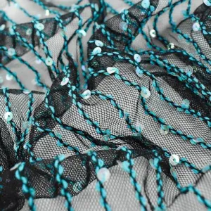 Black/Teal Sequin Stripe Mesh Fabric