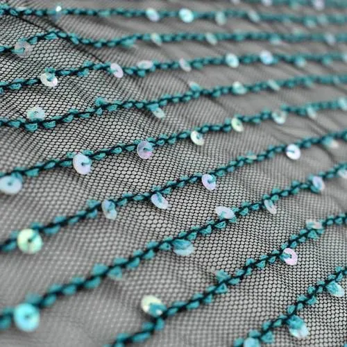 Black/Teal Sequin Stripe Mesh Fabric