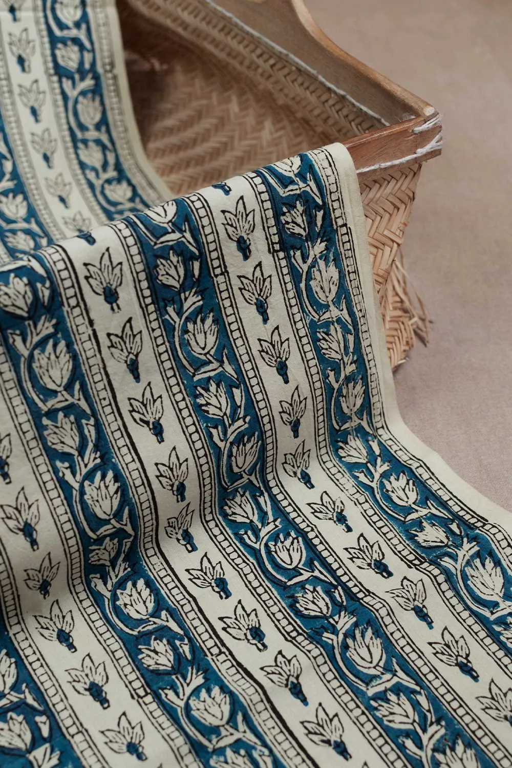 Blue & Cream Floral Pattern Bagru Cotton Fabric
