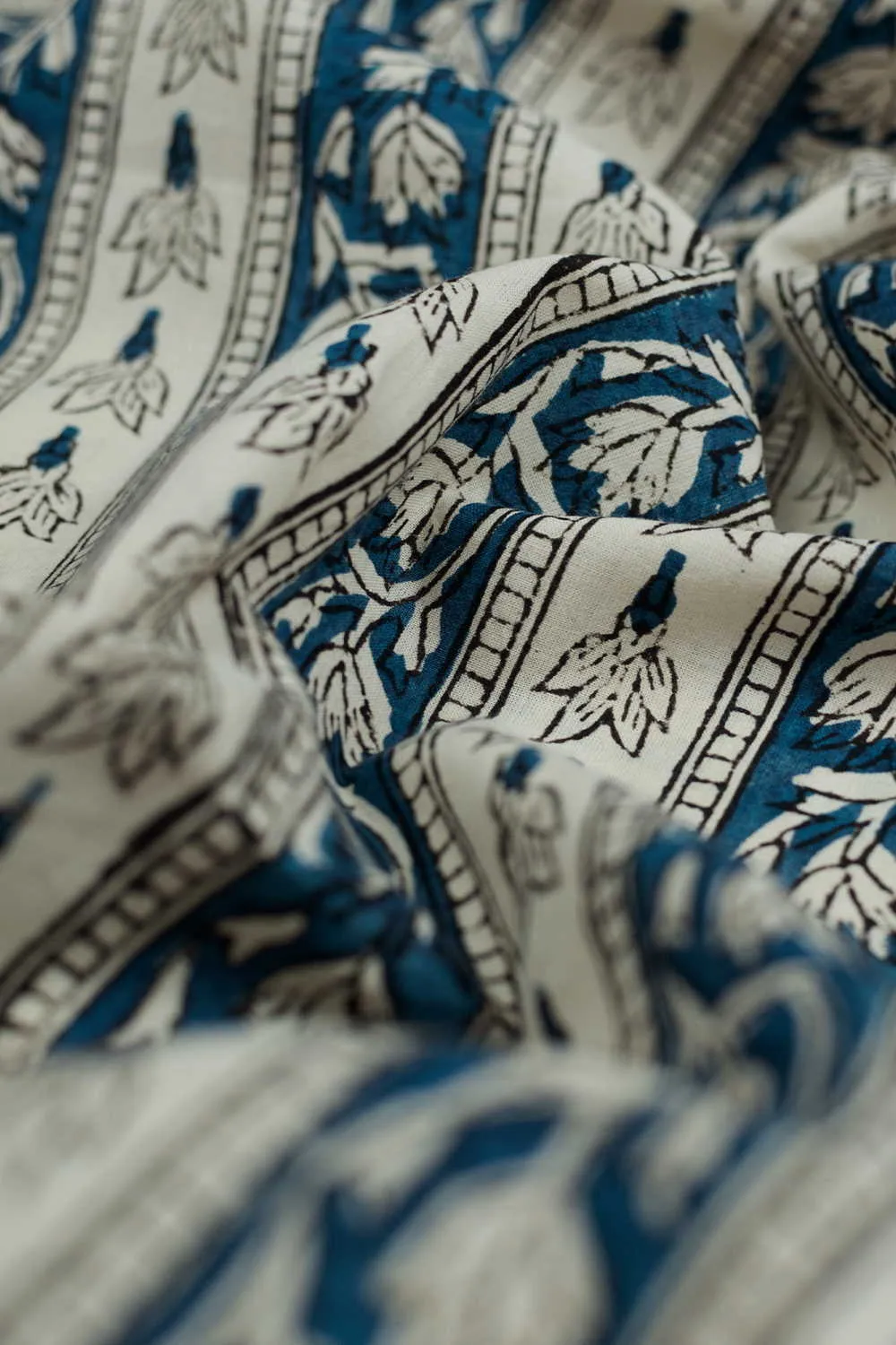 Blue & Cream Floral Pattern Bagru Cotton Fabric