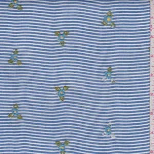Blue/White Stripe Embroidered Floral Rayon Challis Fabric