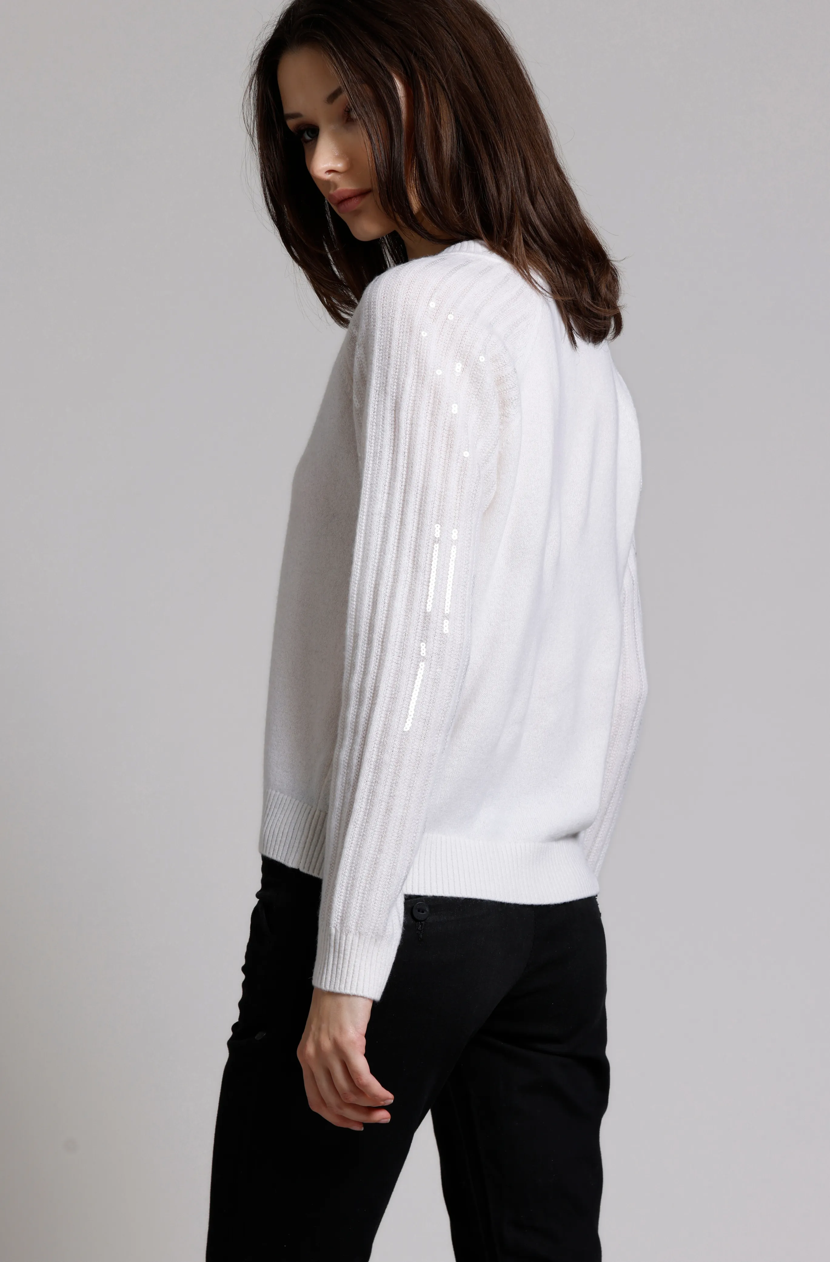 Cashmere V-Neck with Sequined Sleeves