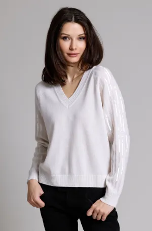 Cashmere V-Neck with Sequined Sleeves
