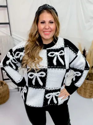 Checker & Bow Embroidered Knit Sweater
