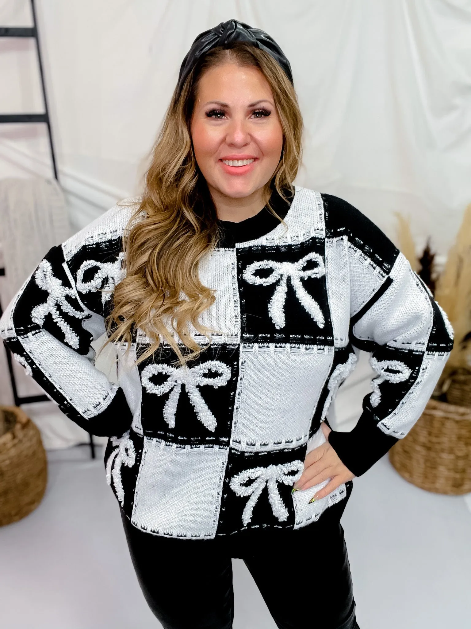 Checker & Bow Embroidered Knit Sweater