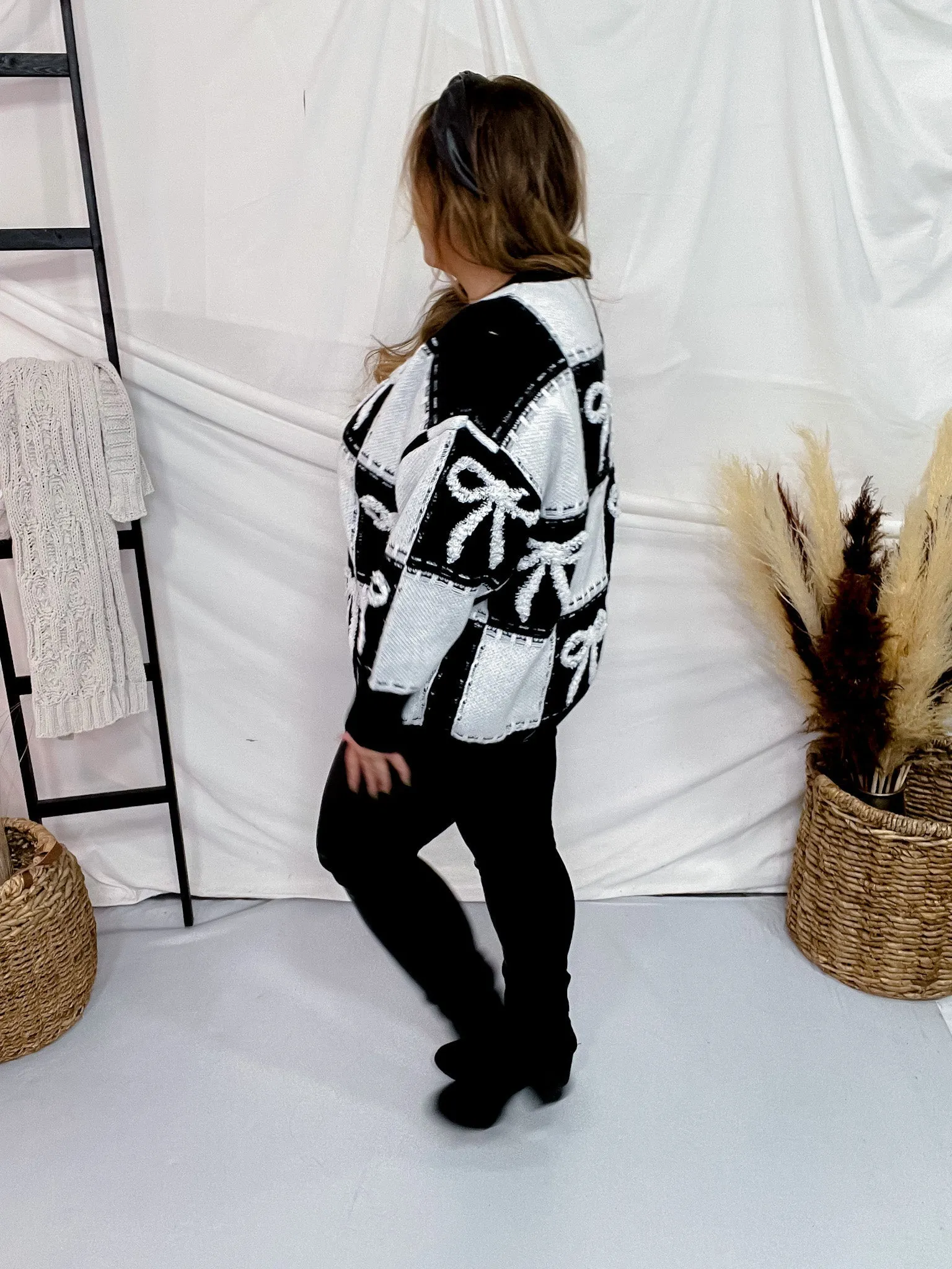 Checker & Bow Embroidered Knit Sweater