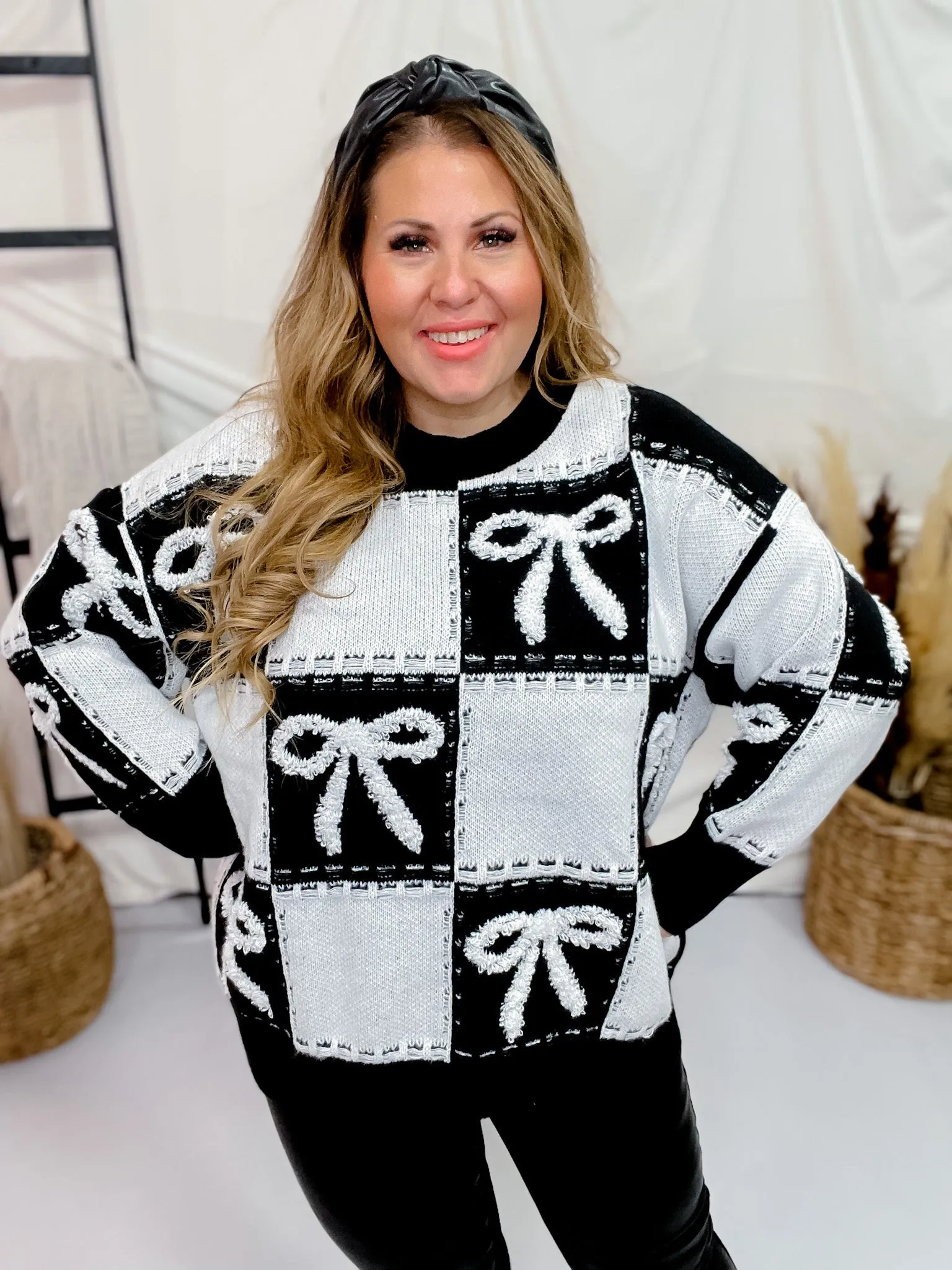 Checker & Bow Embroidered Knit Sweater