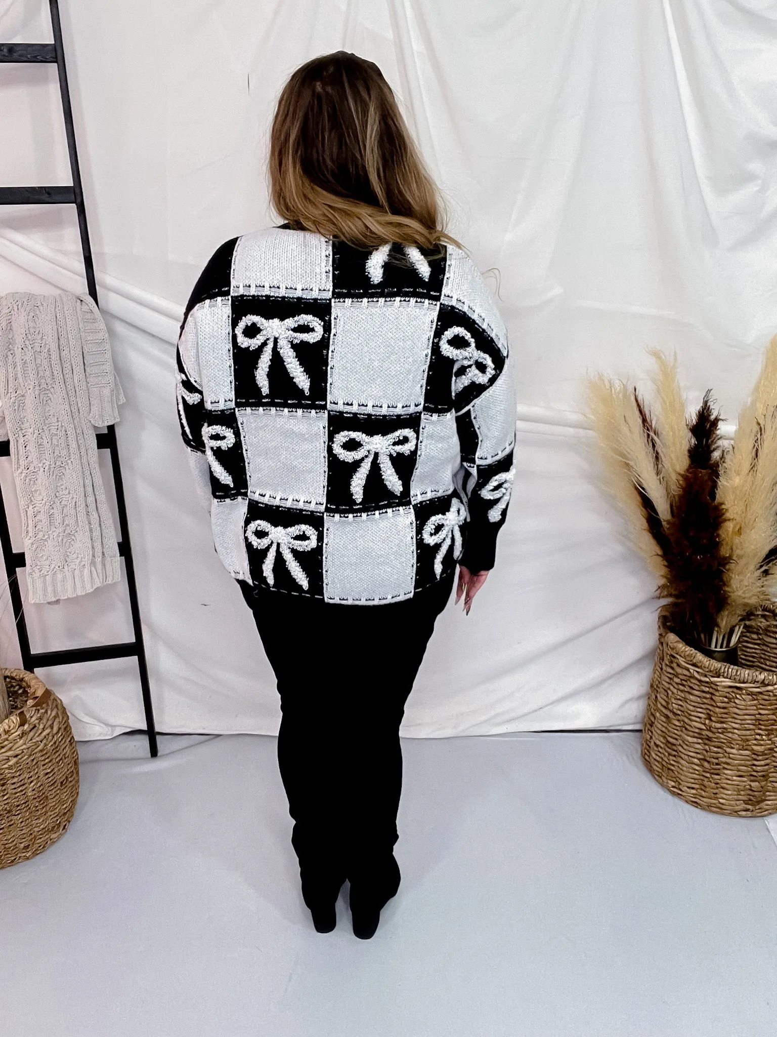 Checker & Bow Embroidered Knit Sweater