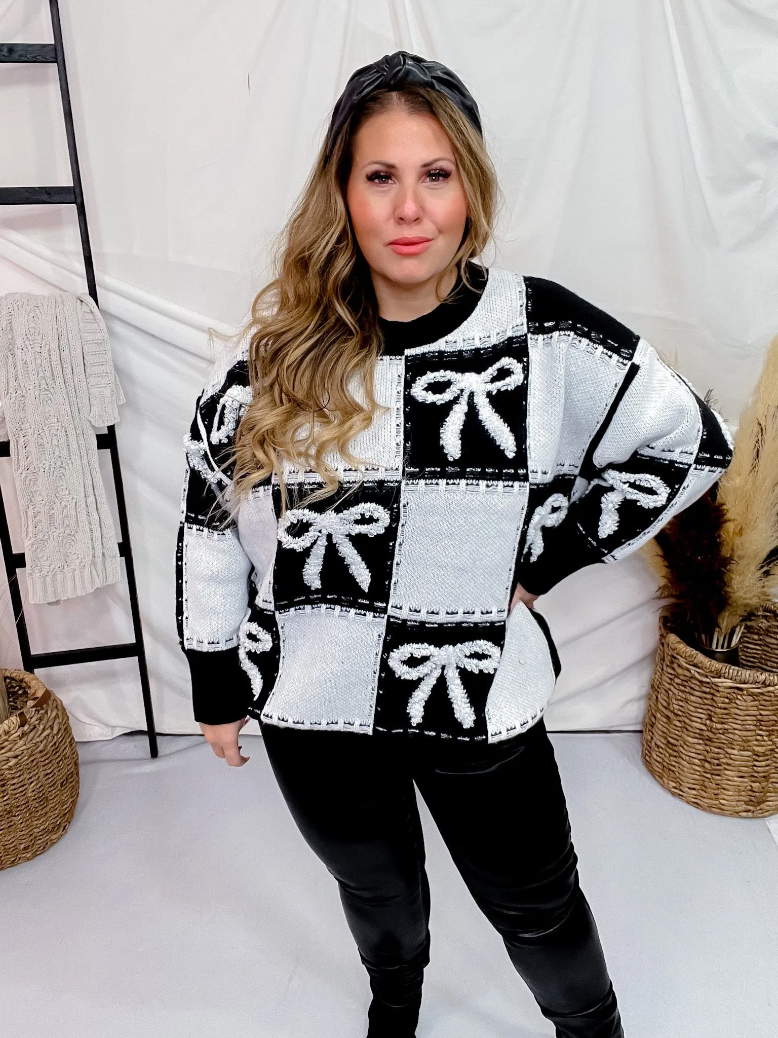 Checker & Bow Embroidered Knit Sweater