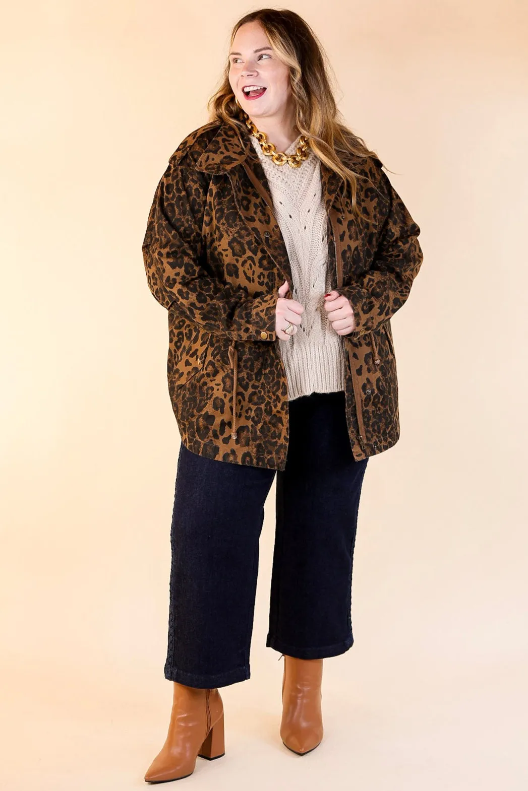 Colder Weather Button and Zip Up Utility Jacket in Leopard Print