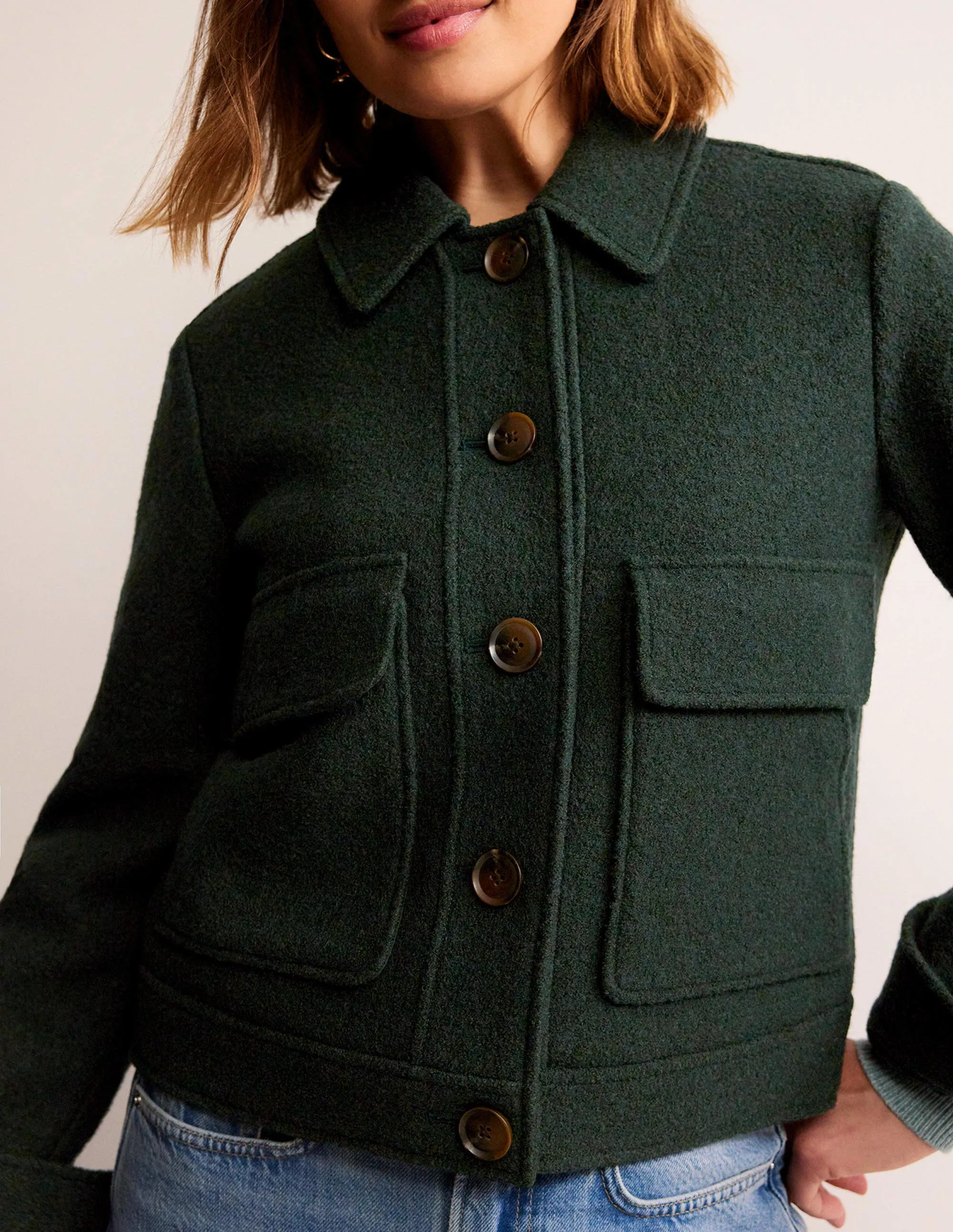 Collared Textured Wool Jacket-Green