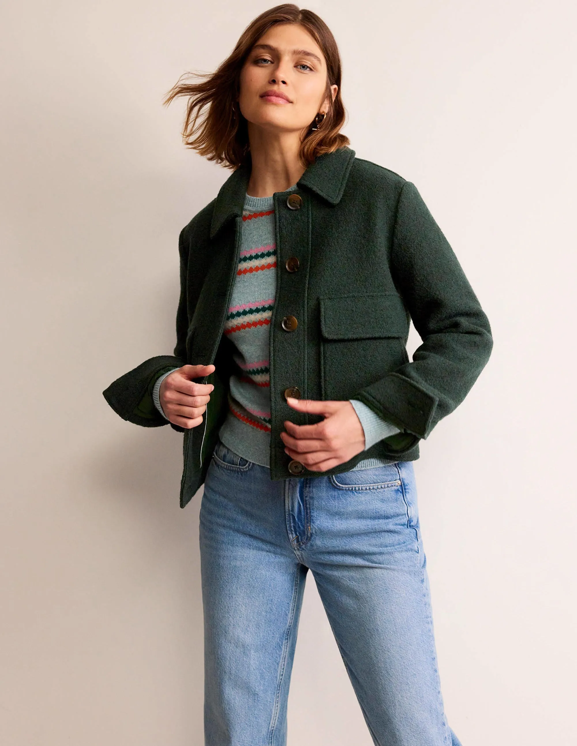 Collared Textured Wool Jacket-Green