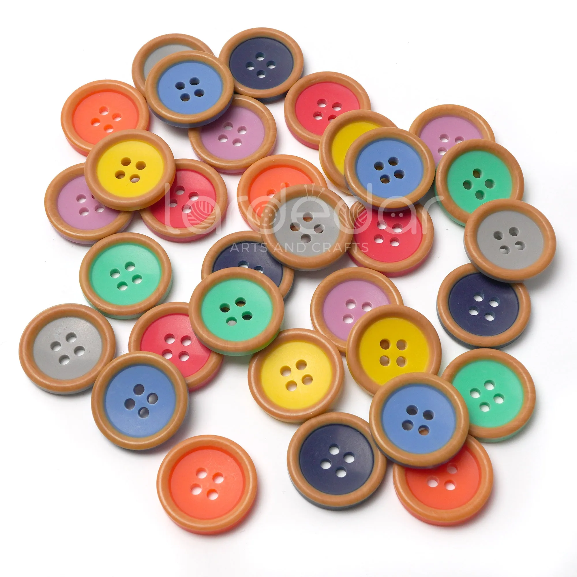 Colourful Wood-Effect Rimmed Buttons (10 Pcs) - 4 Hole, Choice of 9 Colours - 15mm / 20mm - Baby Knitting, Kids Cardigan Craft Buttons