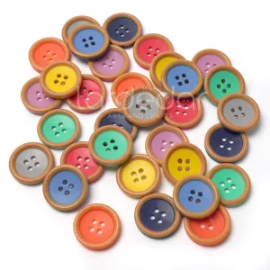 Colourful Wood-Effect Rimmed Buttons (10 Pcs) - 4 Hole, Choice of 9 Colours - 15mm / 20mm - Baby Knitting, Kids Cardigan Craft Buttons