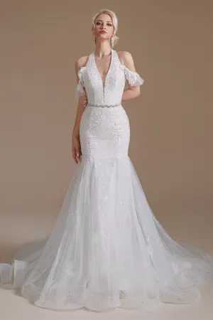 Cool Shouder V Neck Court Applique Mermaid Wedding Dress | Showprettydress Design
