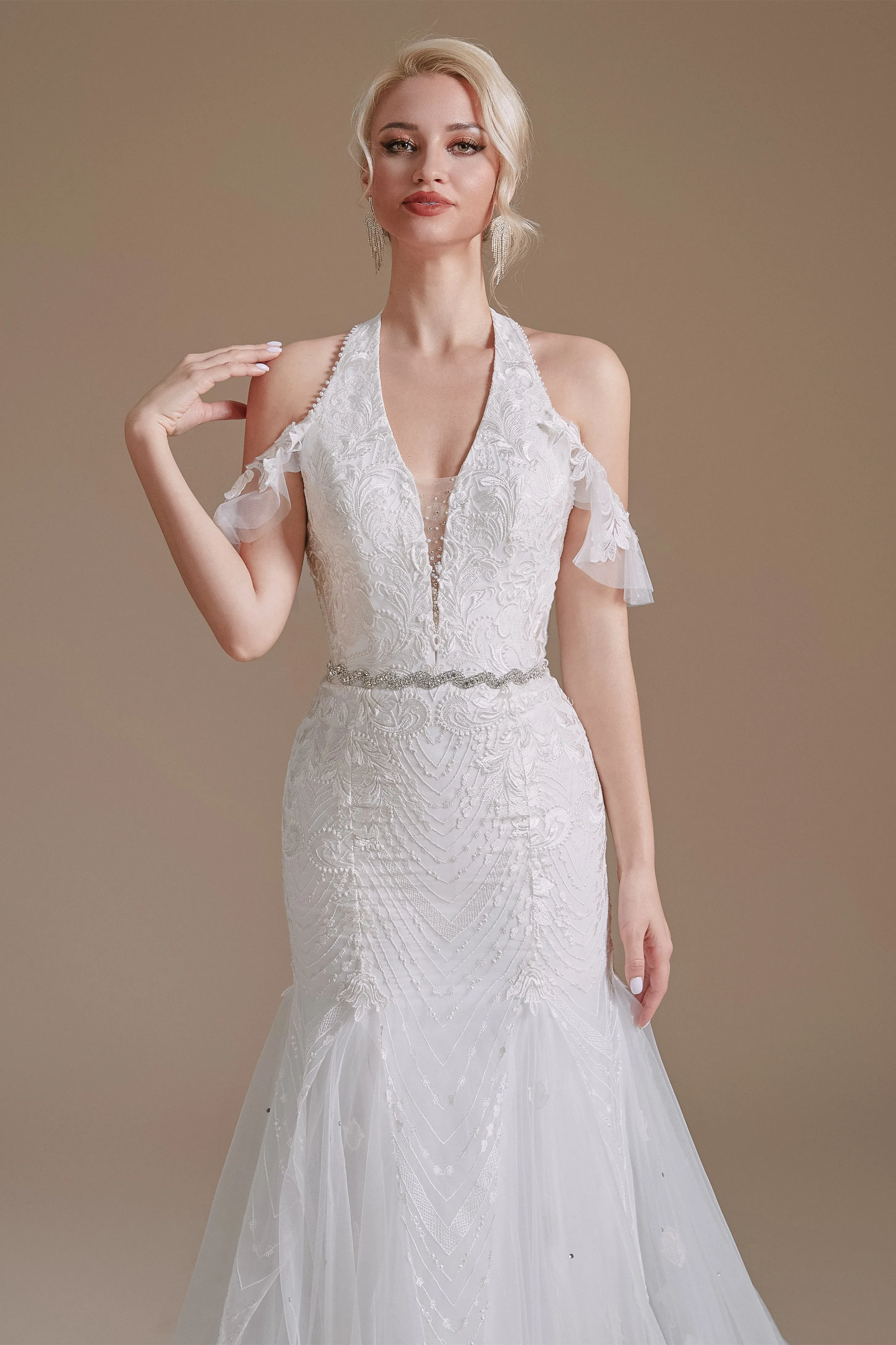 Cool Shouder V Neck Court Applique Mermaid Wedding Dress | Showprettydress Design