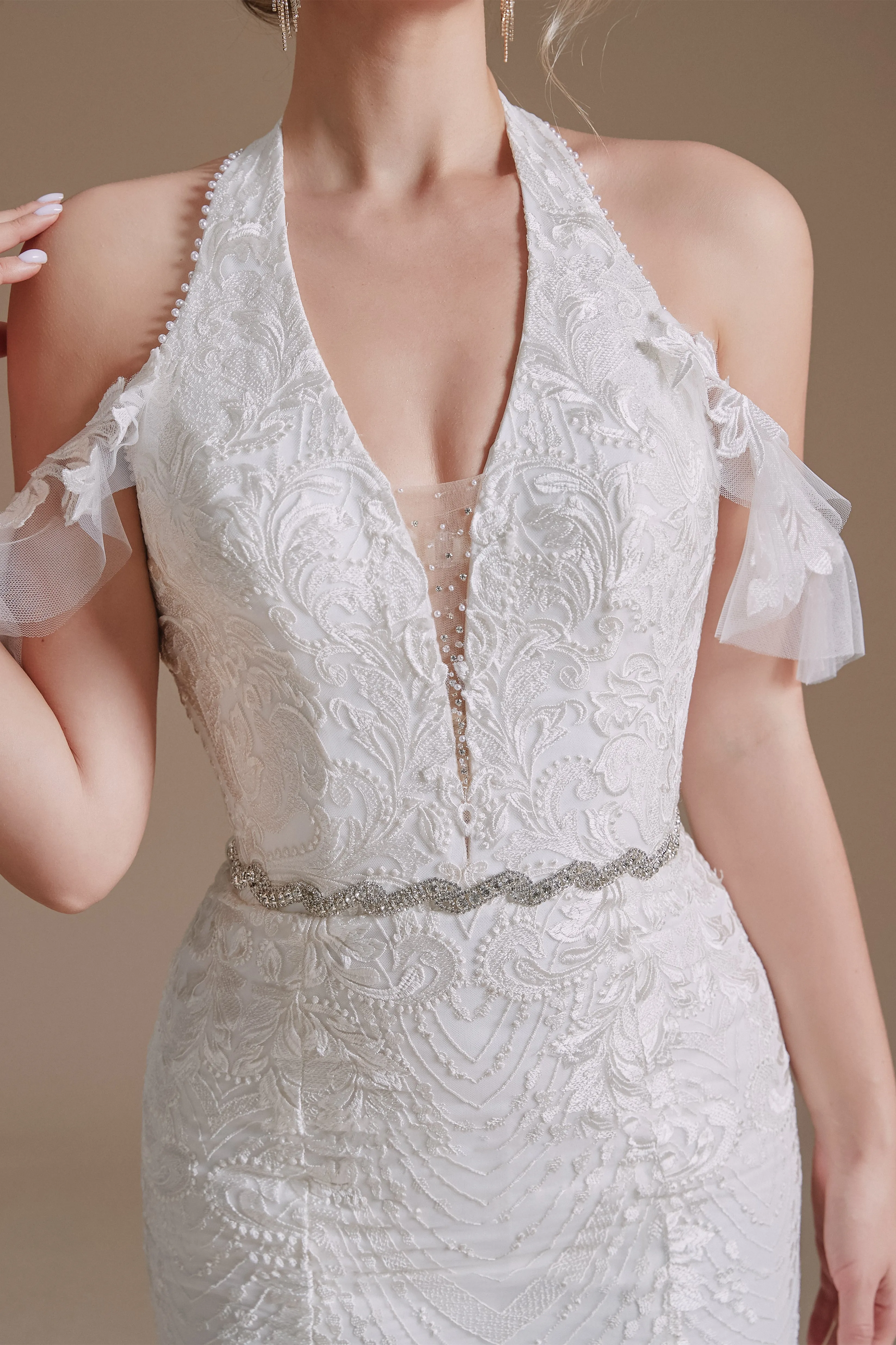 Cool Shouder V Neck Court Applique Mermaid Wedding Dress | Showprettydress Design