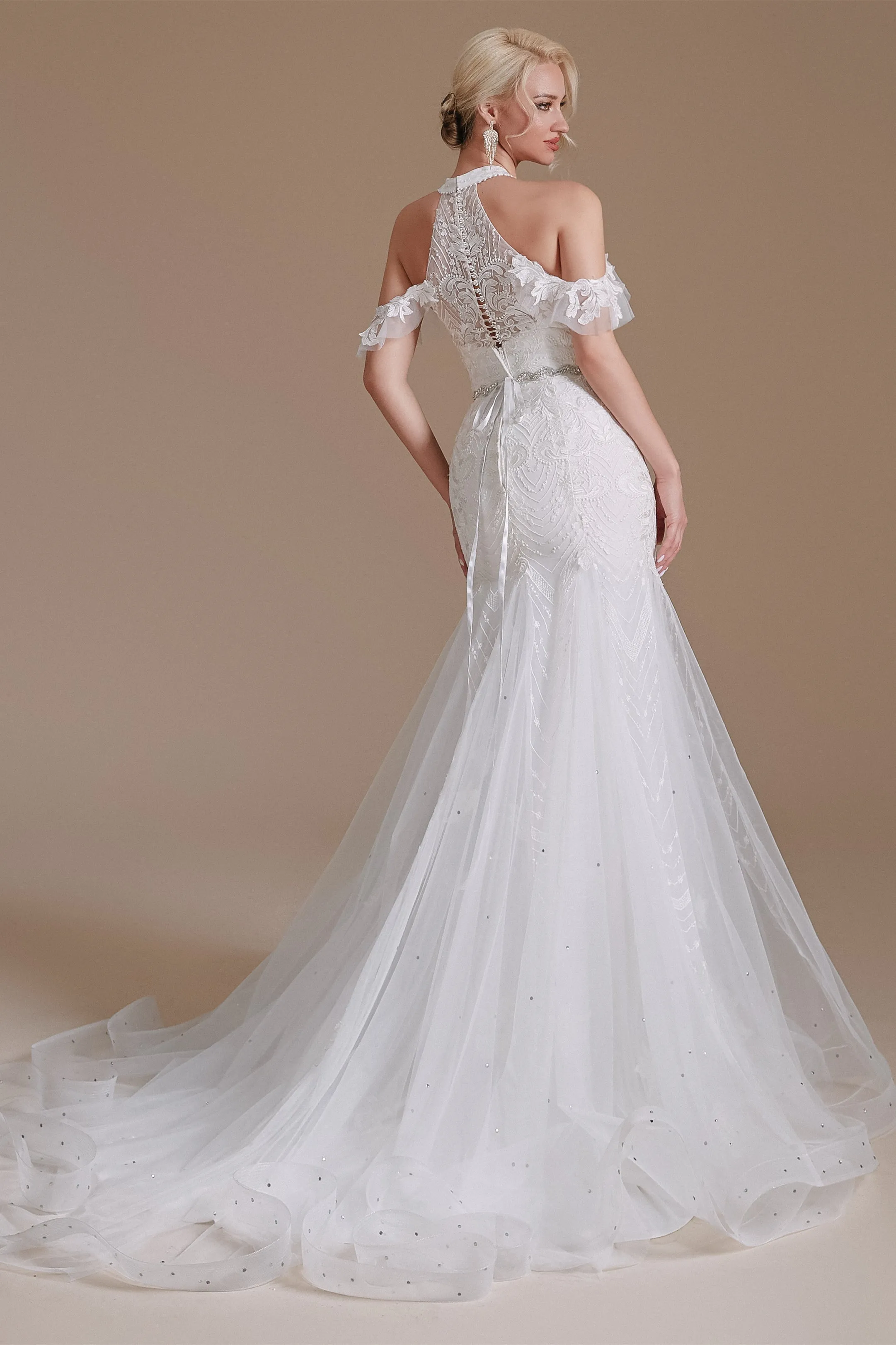 Cool Shouder V Neck Court Applique Mermaid Wedding Dress | Showprettydress Design