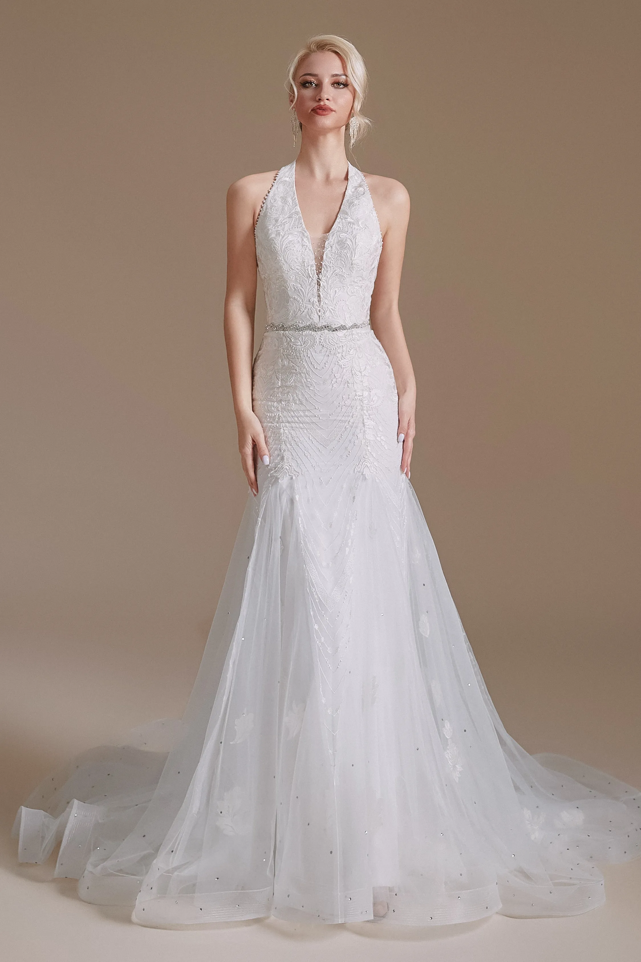 Cool Shouder V Neck Court Applique Mermaid Wedding Dress | Showprettydress Design