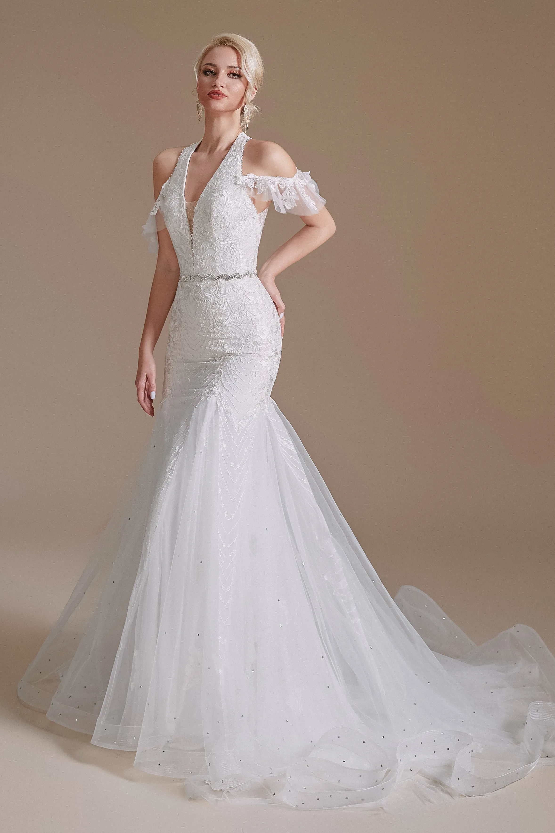 Cool Shouder V Neck Court Applique Mermaid Wedding Dress | Showprettydress Design